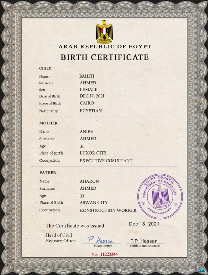 Download Egypt vital record birth certificate PSD template Photoshop template